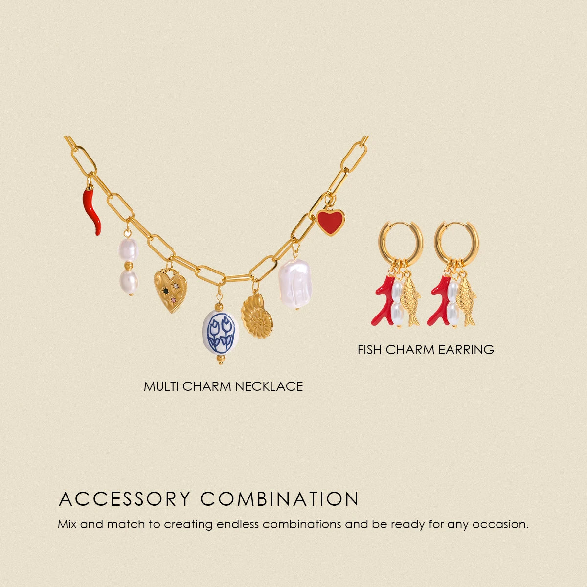 Uworld Stainless Steel Multi Ceramic Heart Charm Earring Necklace Set Cute Trendy Summer Sweet Colored Jewelry Women Gala Gift