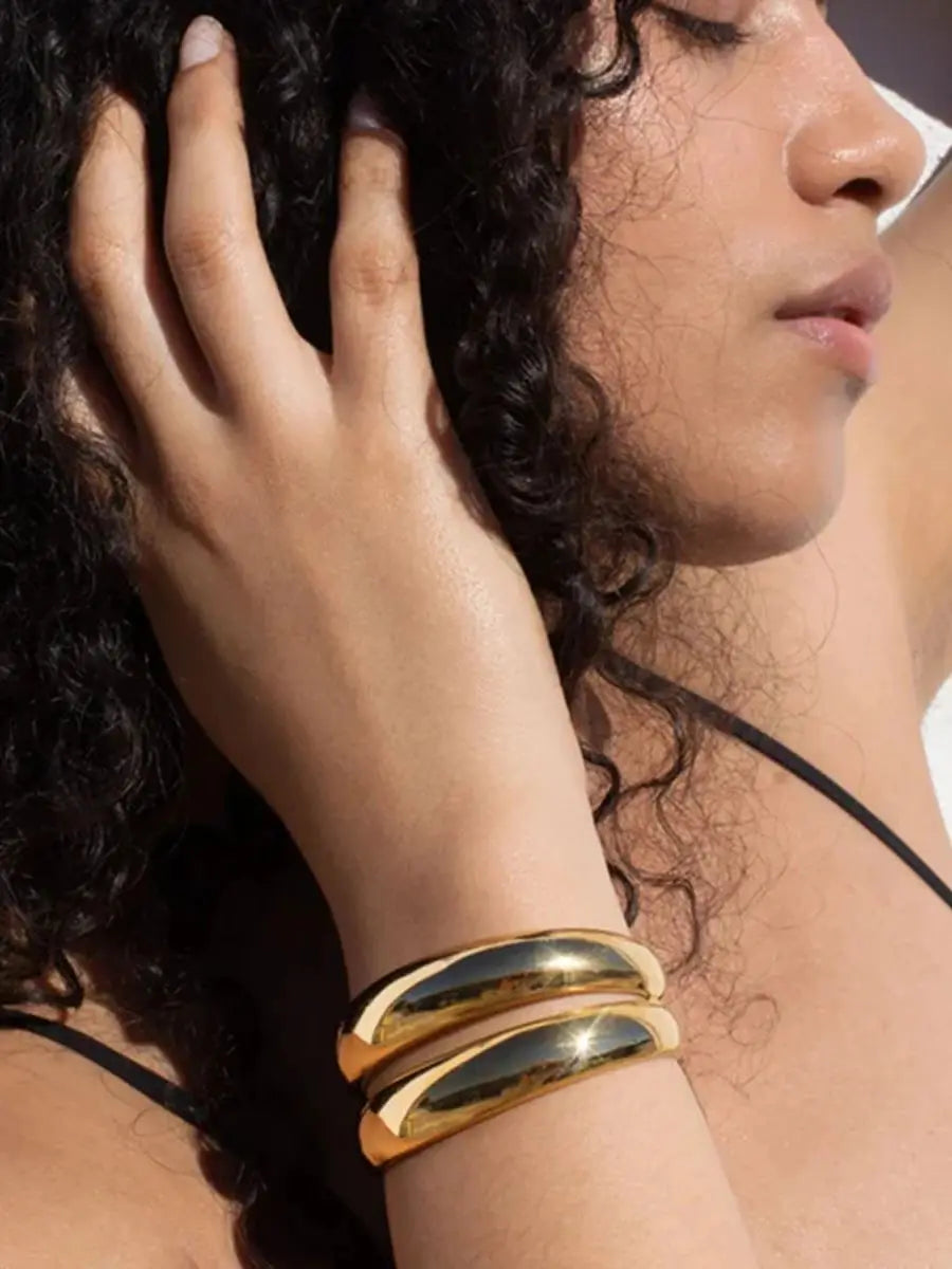 Uworld Stainless Steel Statement Gold Color Cuff Bracelet Bangle Metal Texture Multi-Layer Temperament Fashion Waterproof Jewelr