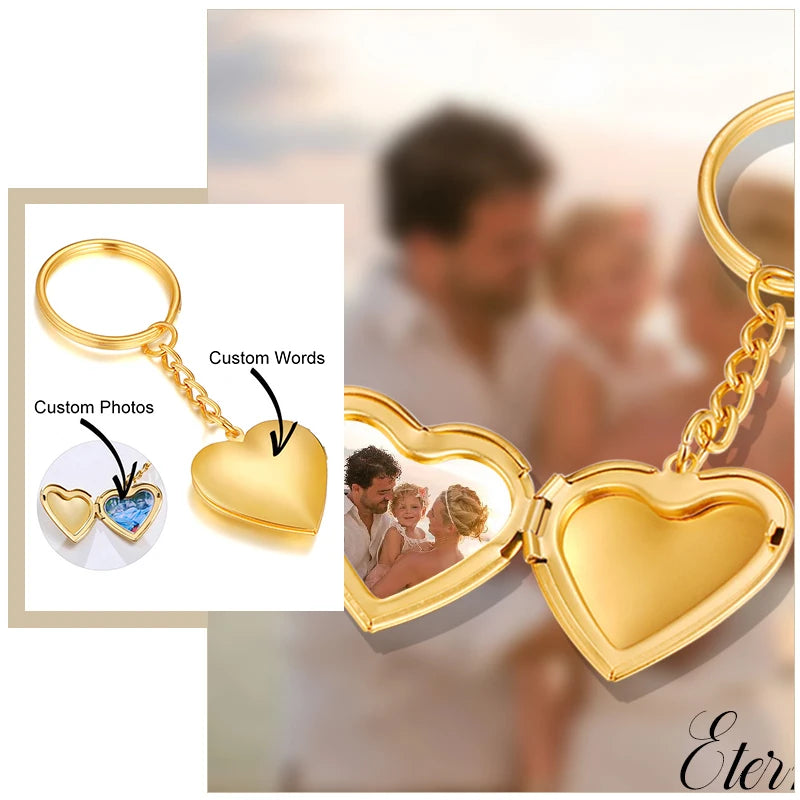 Women's Personalize Engrave Name Heart Locket Key Chains, Custom The Photo of Family, Love Keepsake Gifts