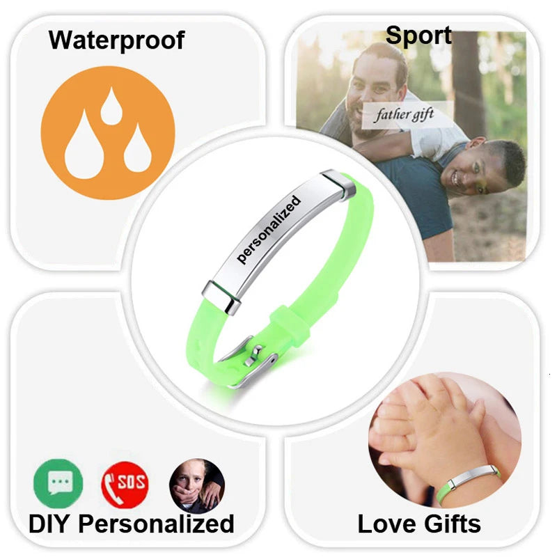 Personalized Rubber Silicone Bracelet ID Bracelet Bangle Adjustable Slide Custom Name for Women Men Girl Boy