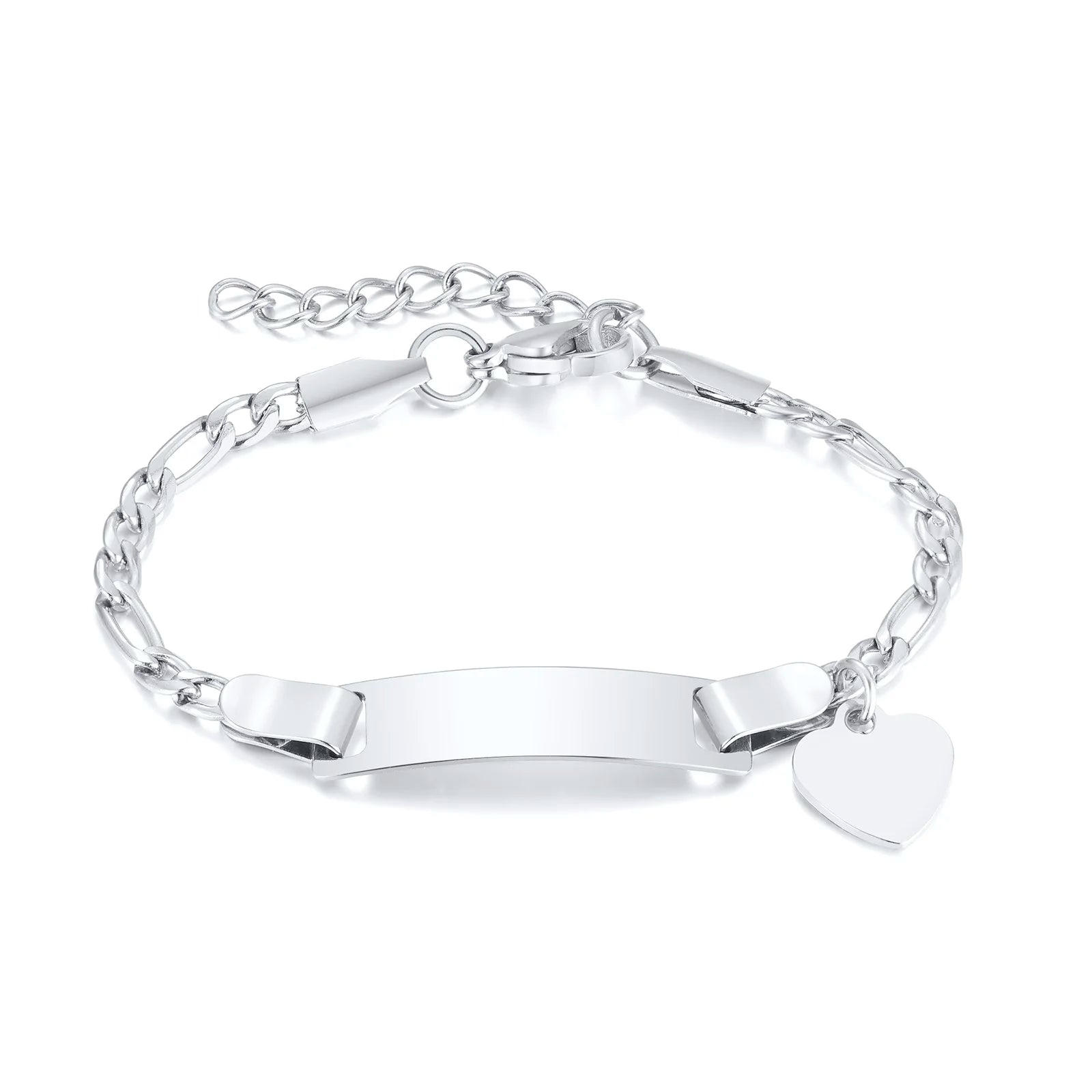 Persoanlized Custom Name Heart Bracelet,Stainless Steel Figaro Chain Link Adjustable,Engraved Gift for Boy Girl