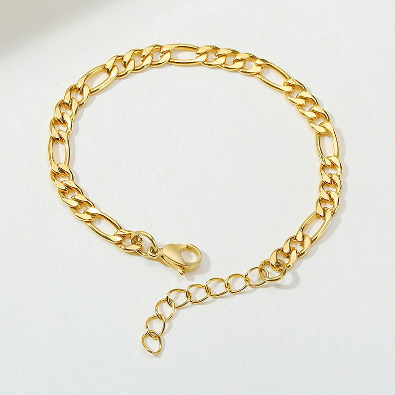 Simple Figaro Flat Snake Chain Bracelets for Women, Gold Color Stainless Steel Wrist Jewelry Length Adjustable