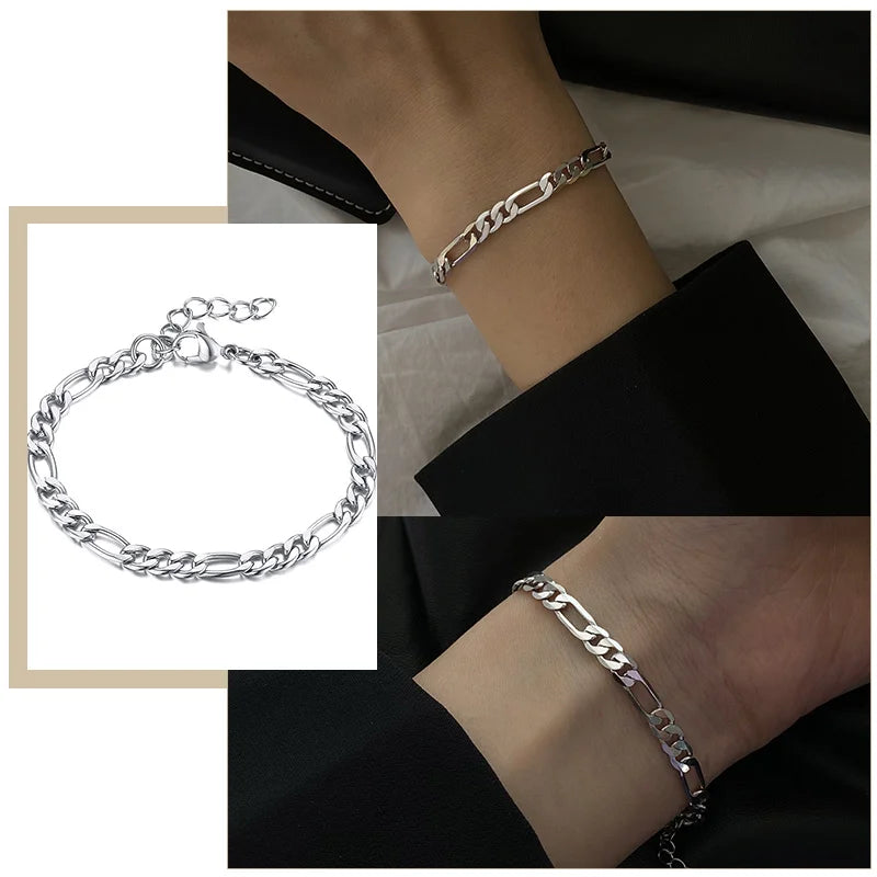 Simple Figaro Flat Snake Chain Bracelets for Women, Gold Color Stainless Steel Wrist Jewelry Length Adjustable