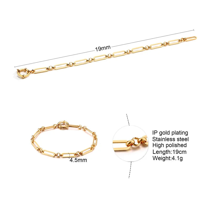 Rectangle Link Paperclip Chain Bracelet Gold Color Stainless Steel Chunky Link Large Clasp Stacked Women Jewelry