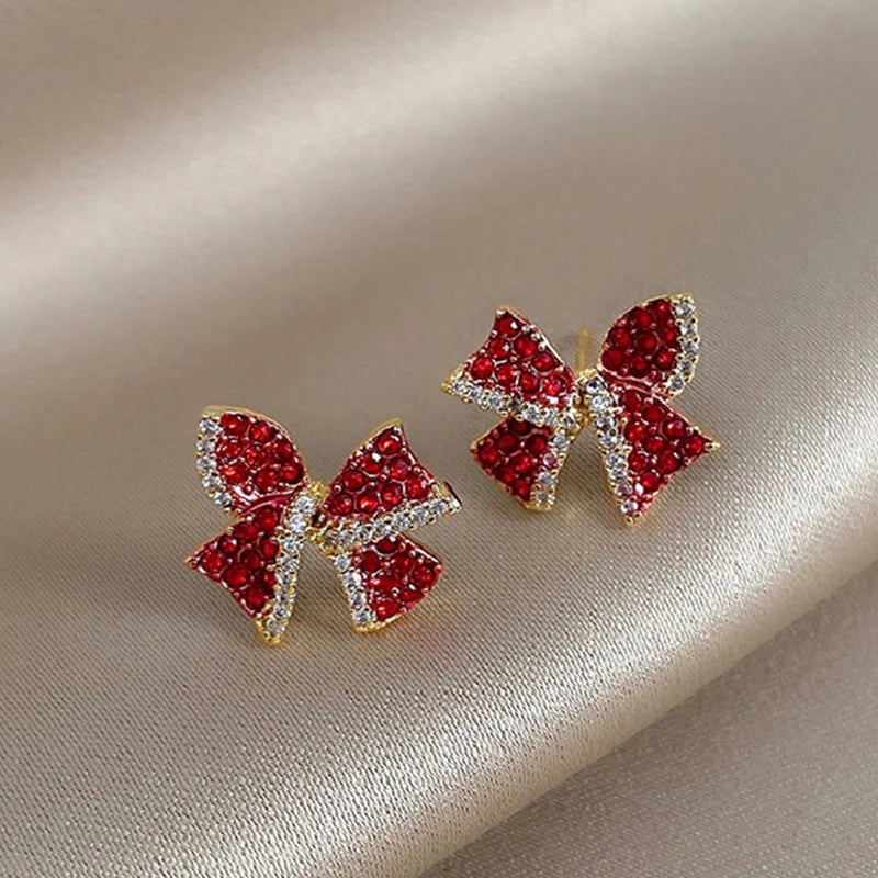 Exquisite Bowknot Zircon Stud Earrings For Women Red Heart Shape Rose Flower Lucky Earring Girls Party Festive Jewelry Gifts