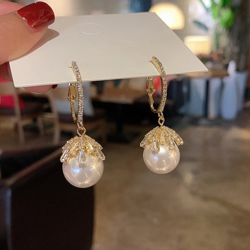 Elegant Zircon Crystal Dangel Earrings For Women Simulation Pearl Rhinestone Butterfly Drop Earring Wedding Party Jewelry Gifts