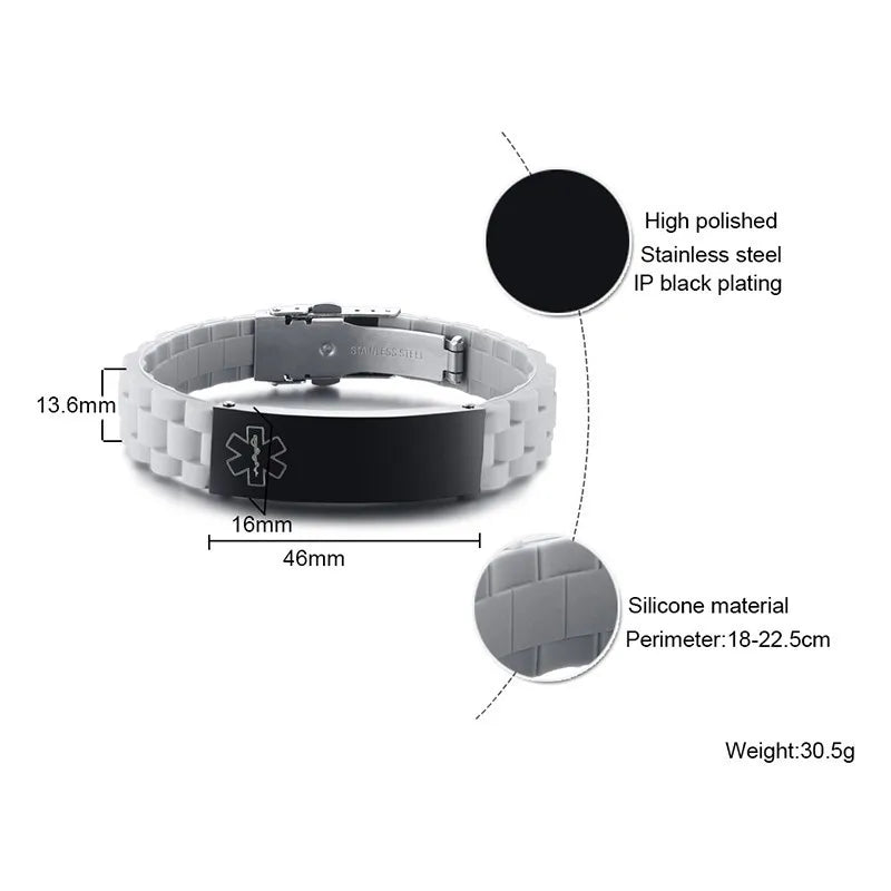 Free Engraving Medical Alert ID Bracelet Sport Silicone Persoanlzied ICE Message DIY Length For Men And Women Children