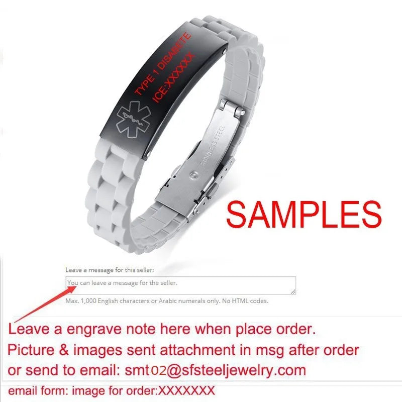 Free Engraving Medical Alert ID Bracelet Sport Silicone Persoanlzied ICE Message DIY Length For Men And Women Children
