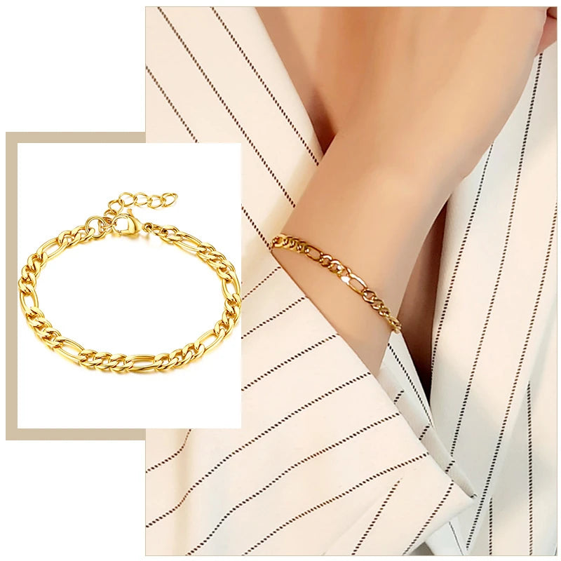 Simple Figaro Flat Snake Chain Bracelets for Women, Gold Color Stainless Steel Wrist Jewelry Length Adjustable