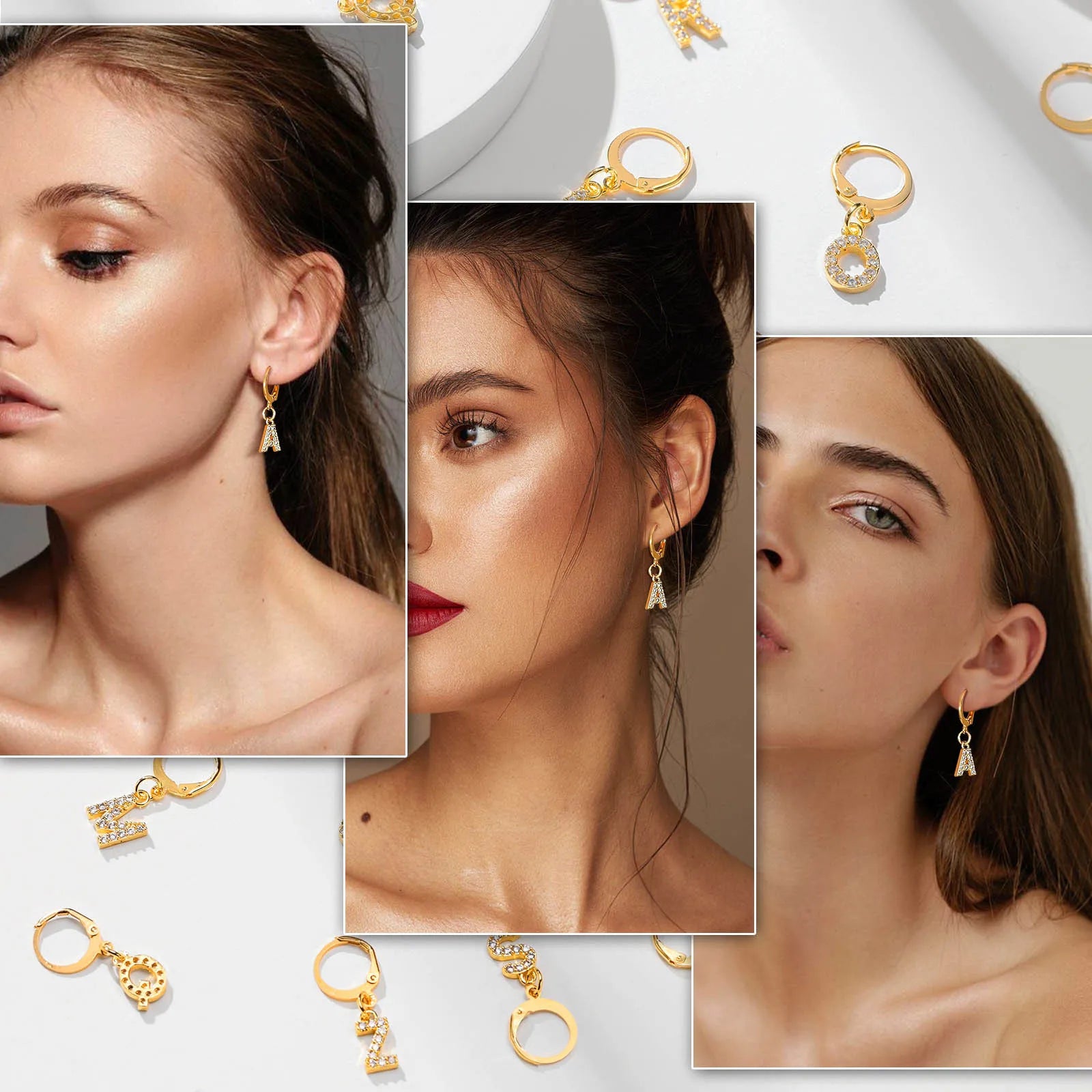 26 Alphabet Letter Hoop Earrings for Women, 1 PC Single AAA CZ Stone A to Z Hanging Earcuff, Gold Color Plating Ear Clips To Her