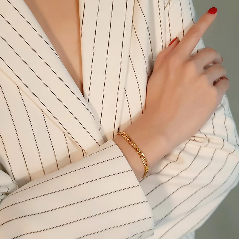 Simple Figaro Flat Snake Chain Bracelets for Women, Gold Color Stainless Steel Wrist Jewelry Length Adjustable