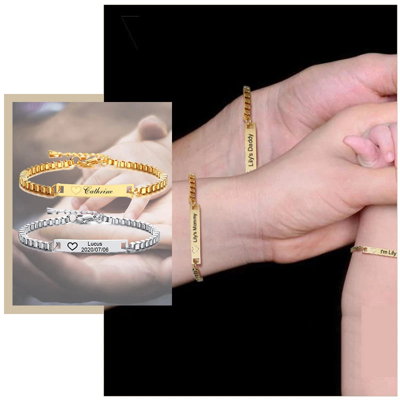 Personalize Baby Dad Mom Family Member Names Bar Bracelets Anti Allergy Stainless Steel Kids Girls Boys Adjustable Custom Gifts