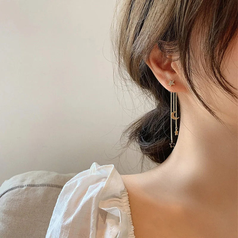New Trendy Korean Crystal Star Moon Dangle Earrings For Women Exquisite Flowers Long Tassel Earring Girl Party Jewelry Gifts