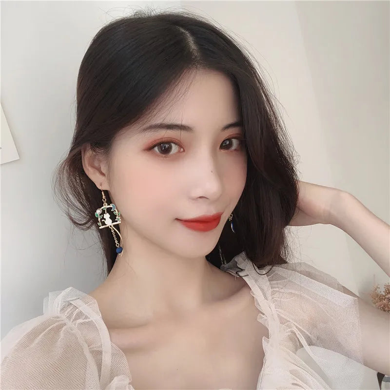 Fashion Moon Stars Cute Animal Cat Asymmetric Earring Sweet Flowers Kitten Fan Tassel Pendant Earrings Girl Temperament Jewelry