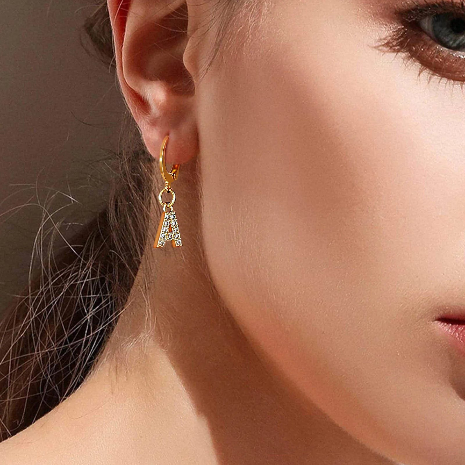 26 Alphabet Letter Hoop Earrings for Women, 1 PC Single AAA CZ Stone A to Z Hanging Earcuff, Gold Color Plating Ear Clips To Her