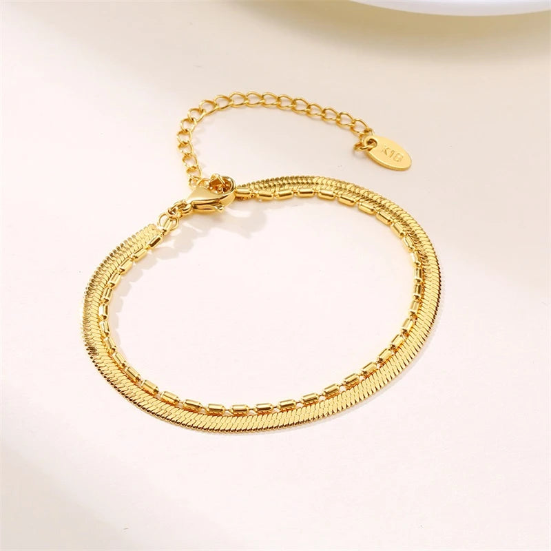 Simple Figaro Flat Snake Chain Bracelets for Women, Gold Color Stainless Steel Wrist Jewelry Length Adjustable