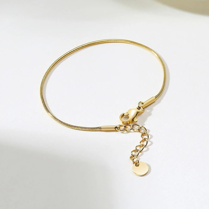 Simple Figaro Flat Snake Chain Bracelets for Women, Gold Color Stainless Steel Wrist Jewelry Length Adjustable
