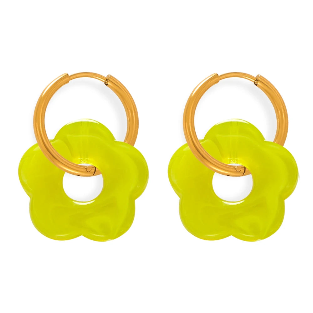 Colorful Resin Hollow Flower Pendant Necklaces Drop Earrings For Women Stainless Steel Rice Chain Women Wedding Jewelry Sets