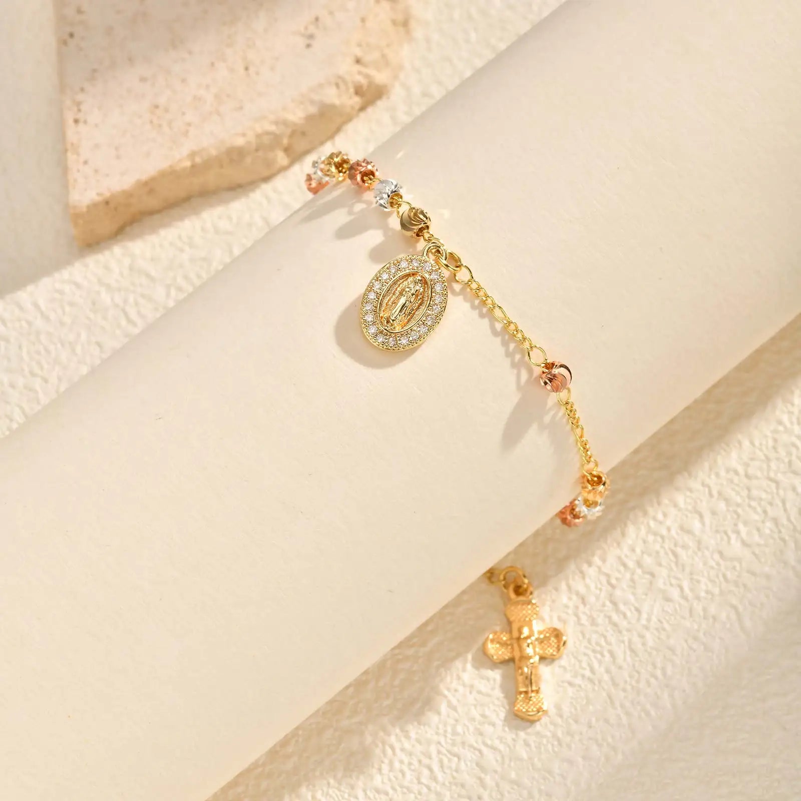 Zircon Virgin Mary Religious Bracelet for Women, Tricolor Beaded Golden Cross Rosary Catholic Bracelet, Baptism Jewelry