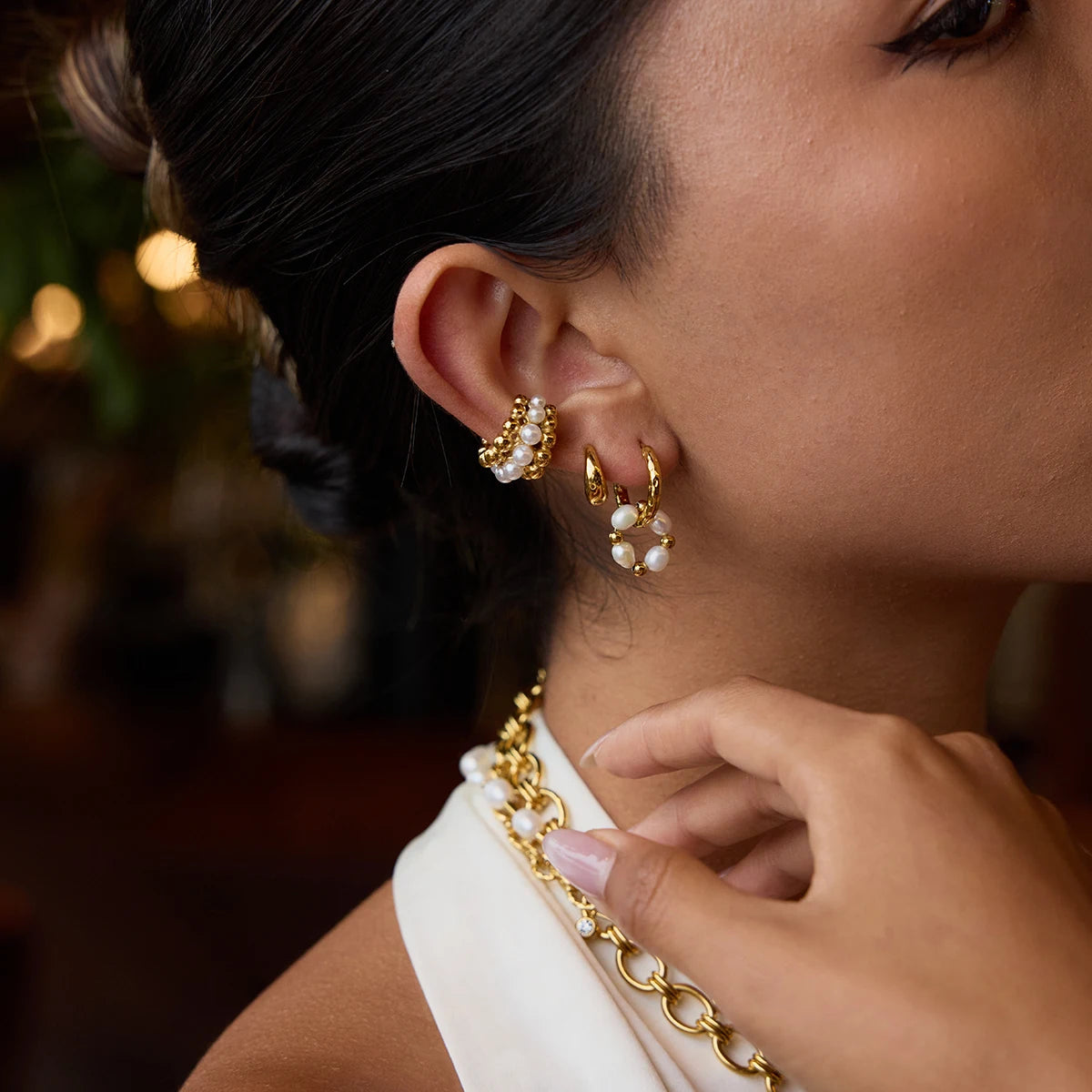 Uworld Elegant Style 18K Gold Color Plated Stainless Steel Freshwater Pearl Double Ring Earrings Women's Jewelry Gift for Her