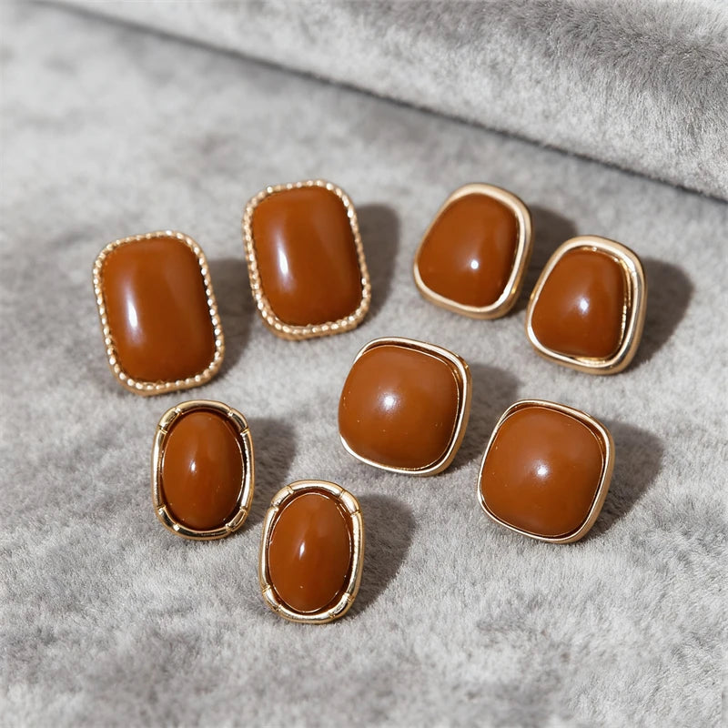 4/5 Pair Vintage Enamel Wine Red Metal Stud Earring Set For Women Fashion Pearl Flower Heart Geometric Square Earrings Jewelry