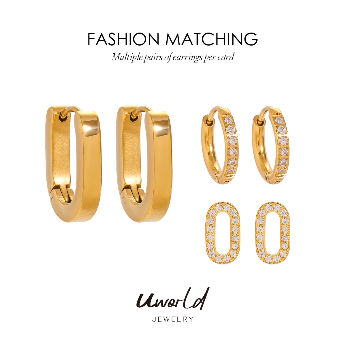 Uworld 3Pair/set White Rhinestone Cubic Zirconia CZ Bling Stud Earrings Stainess Steel Waterproof Charm Women Basic Jewelry