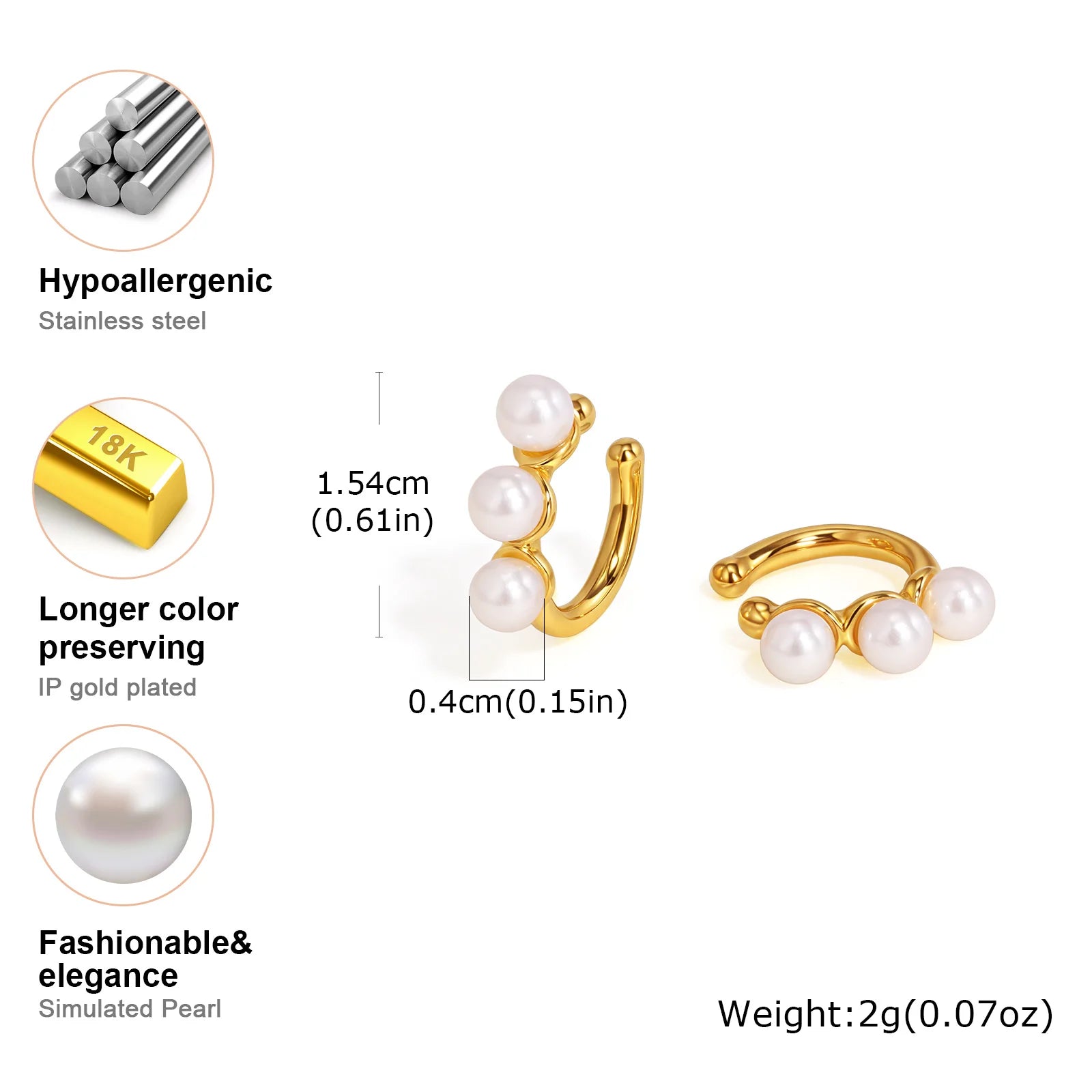 Charm Stainless Steel Imitation Pearl Ear Clip Non Piercing for Women Girls,Gold Plated Cartilage Ear Bone Clip,Fashion Jewelry