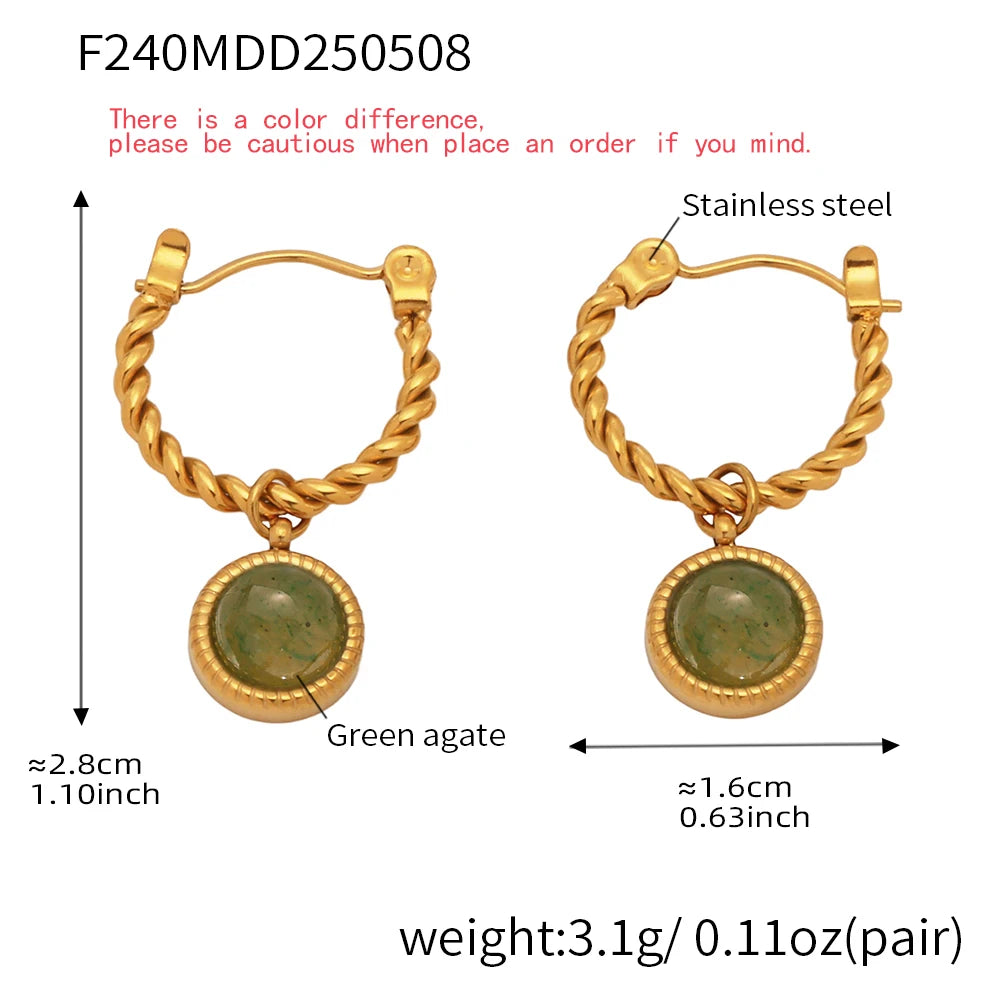 Nivora Stainless Steel Twisted Dangle Earrings For Women Chinese Style Green Agate Hoop Earrings Lady Fashion Basic Jewelry