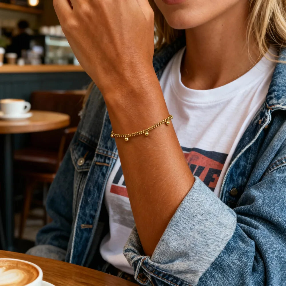 Delicate Stainless Steel Beads Cuban Chain Bracelet,water Resistant Metal Link Stack Jewelry for Women