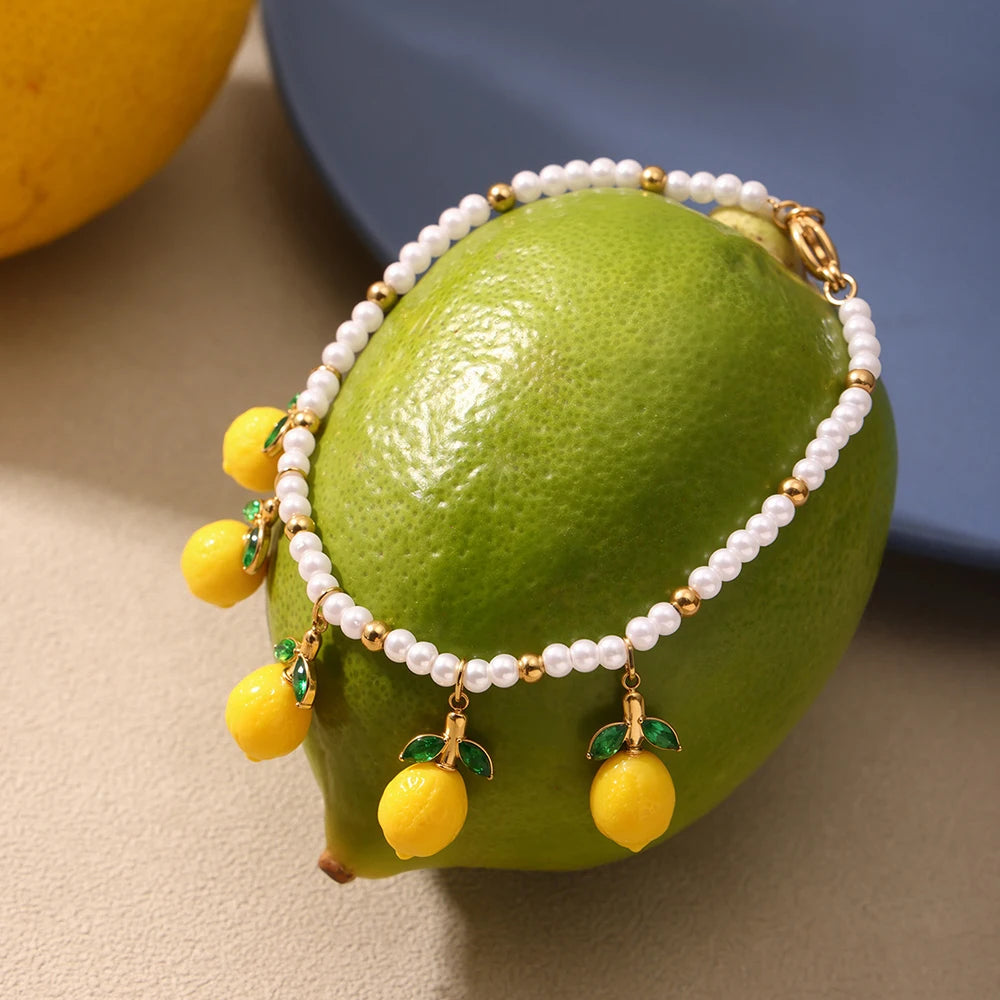 Nivora Distinctive Resin Lemon Imitation Pearl Chain Pendant Bracelets For Women Stainless Steel Bracelet Women Daily Jewelry