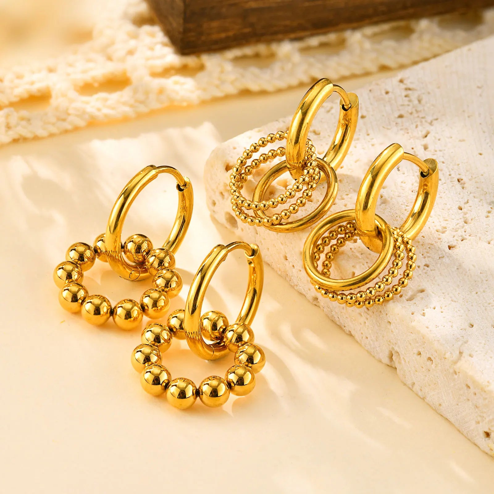 Fashion Round Beads Multi-ring Earrings for Women,Stainless Steel Ball Hoop Earrings Gold Color,Waterproof Jewelry Gift