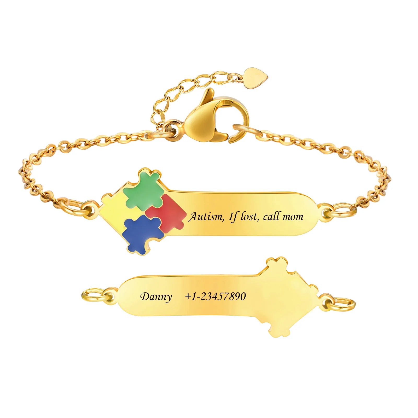 Personalized Autism Awareness Medical Alert Baby Kids Bracelets, Adjustable Link Stainless Steel, Enrgaved Emergency Jewelry