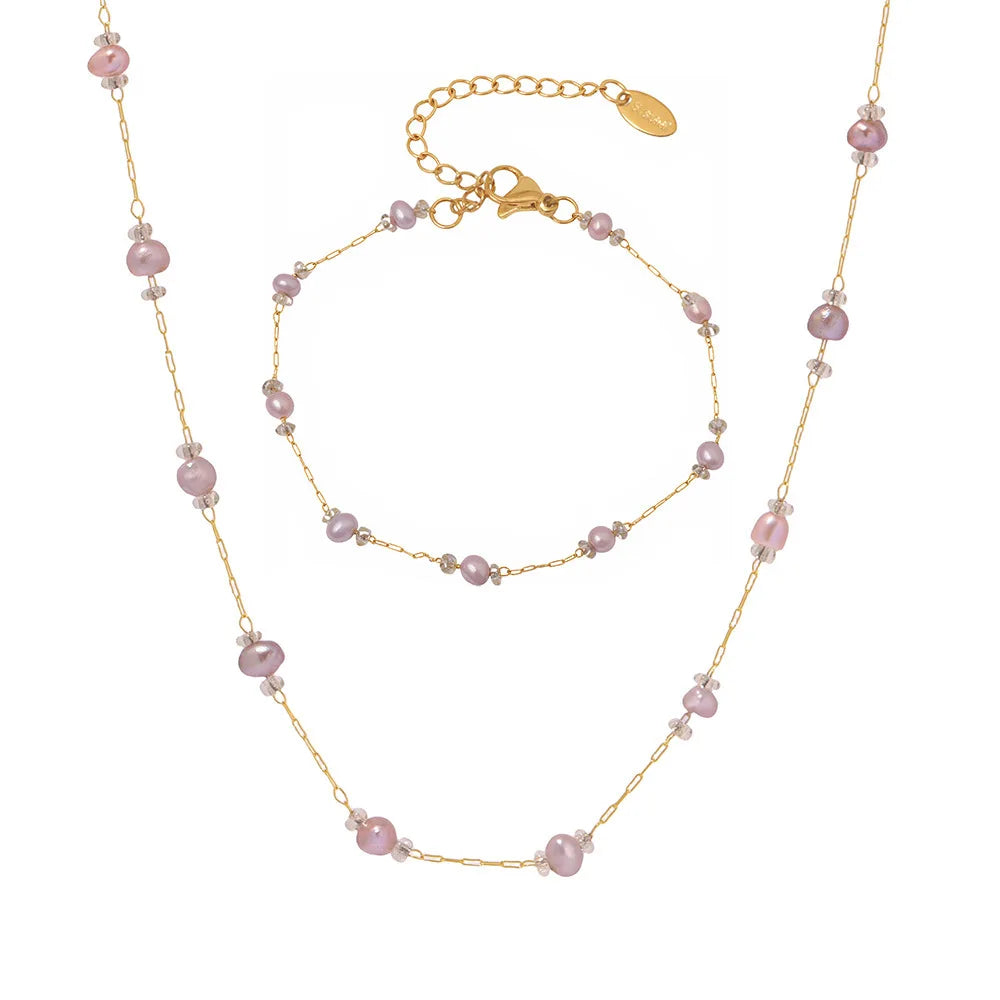 Nivora Exquisite Pink Freshwater Pearl Necklace Bracelets For Women Stainless Steel Beads Chain Charm Handmade Jewelry Set