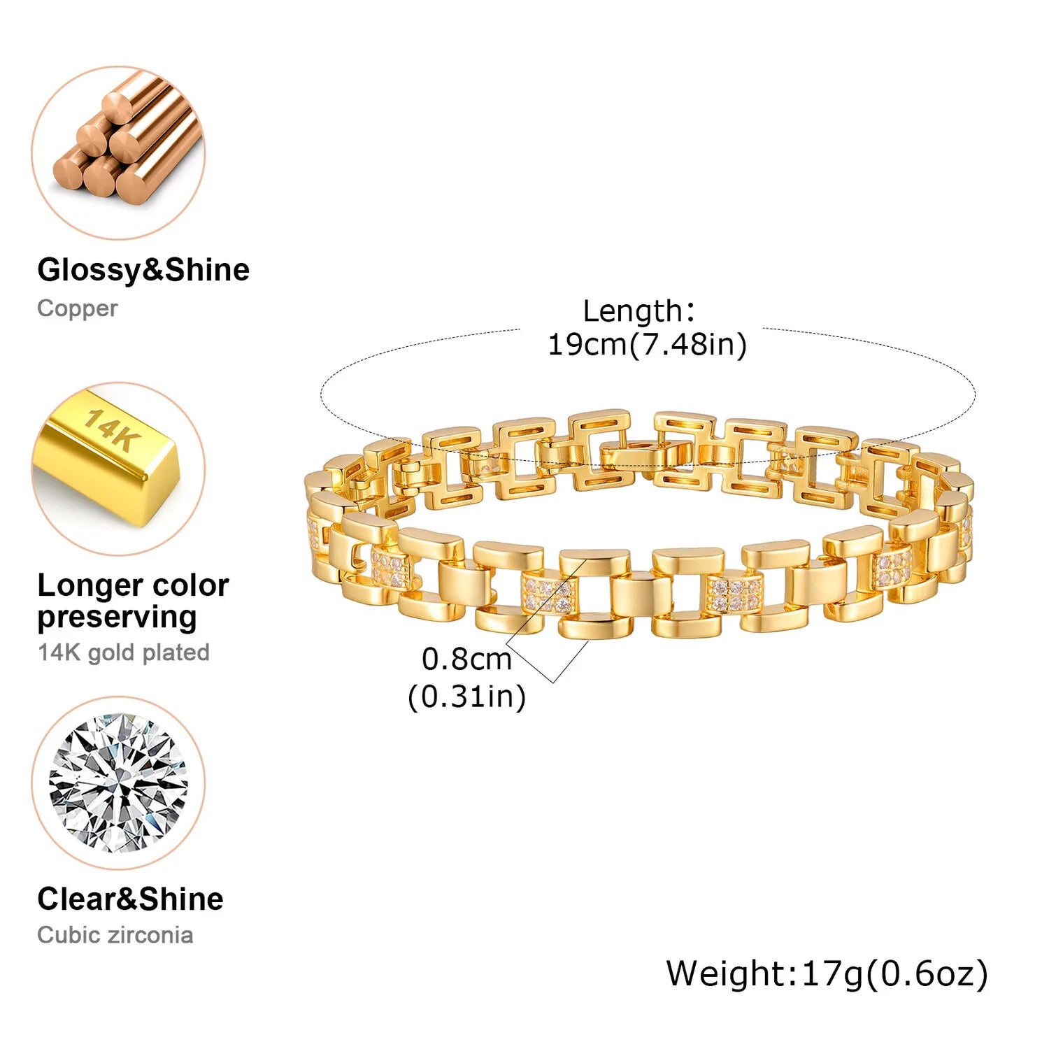 Luxury Chunky Watch Strap Bracelet for Women, Gold Plated Cubic Zirconia Chain Bracelet, Adjustable Stackable Jewelry