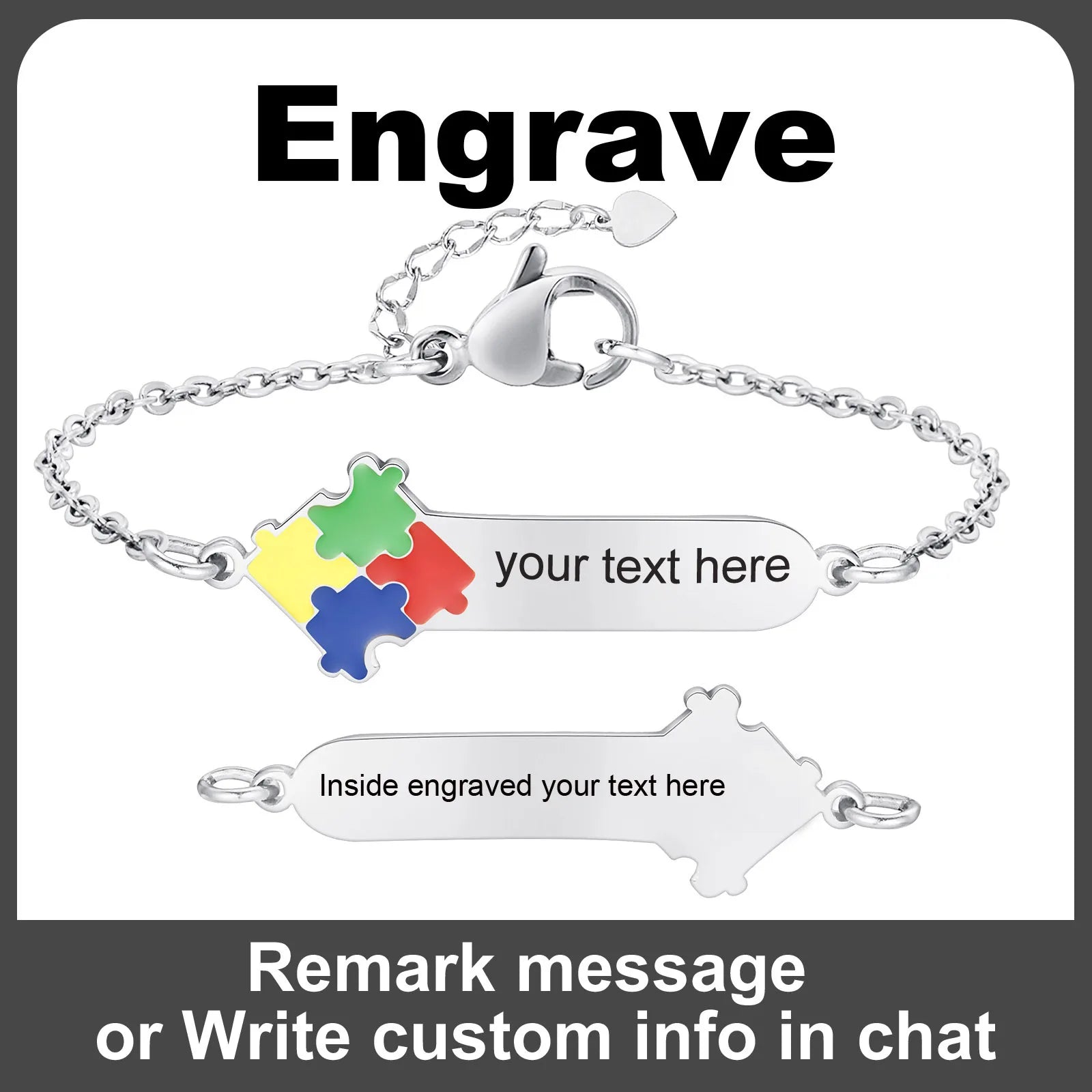 Personalized Autism Awareness Medical Alert Baby Kids Bracelets, Adjustable Link Stainless Steel, Enrgaved Emergency Jewelry