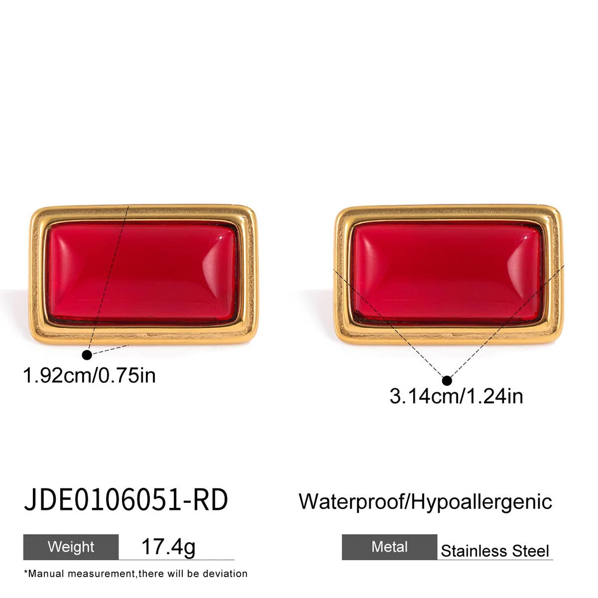 Uworld Classic Fashion 18K Gold Color Plated Red Agate Square Earrings Hypoallergenic Waterproof Stainless Steel Women Jewelry