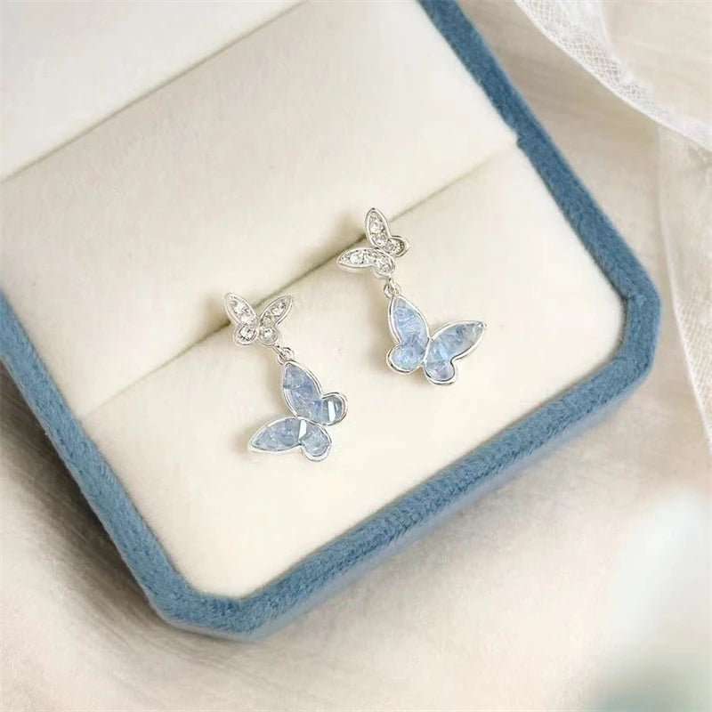 New Luxury Shiny Zircon Butterfly Stud Earrings For Women Blue Double Butterfly Temperament Earring Ladies Party Jewelry Gifts