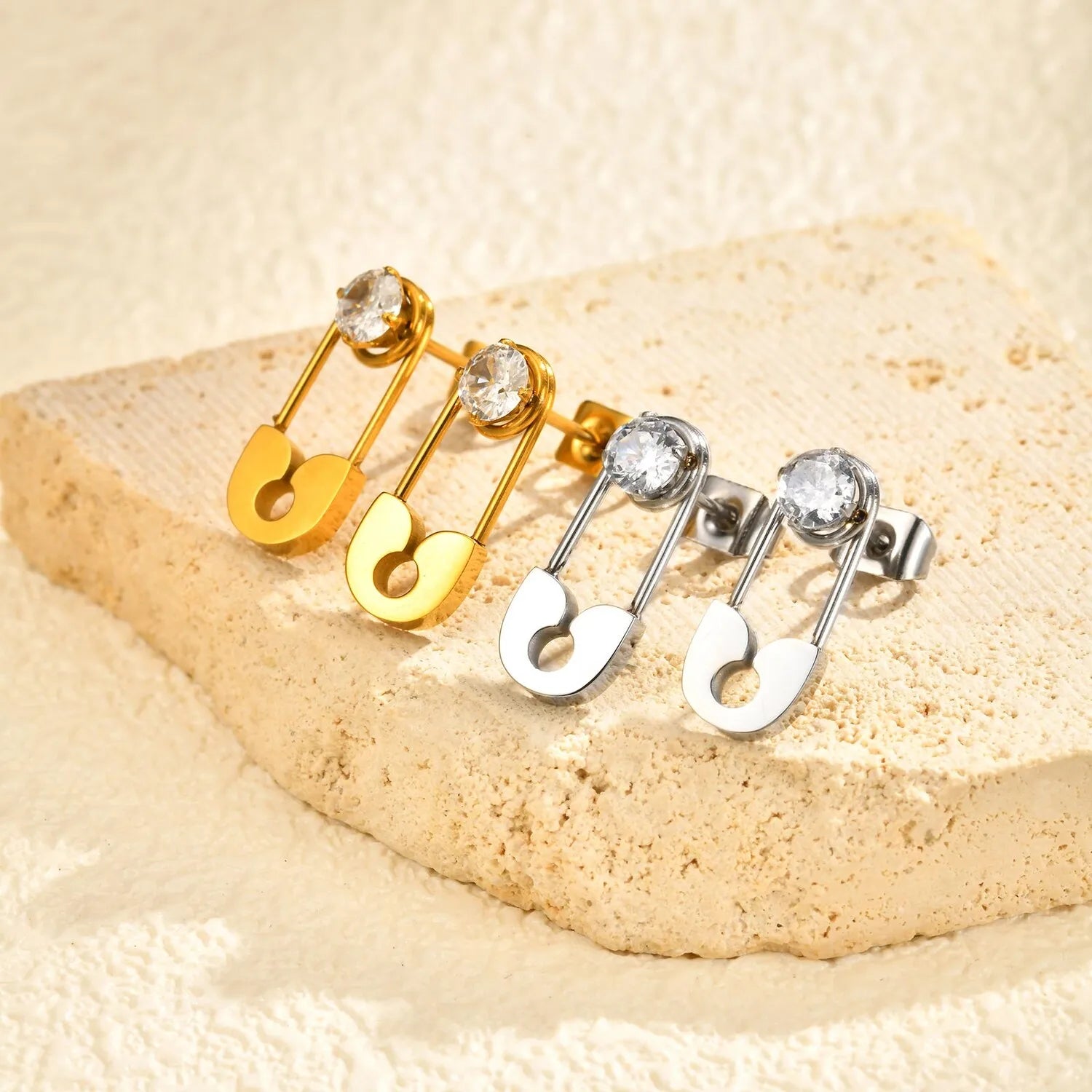 Minimalist Safety Pin Earrings, Gold Plated CZ Leverback Earrings for Women, Hypoallergenic Pierced Ear Jewelry