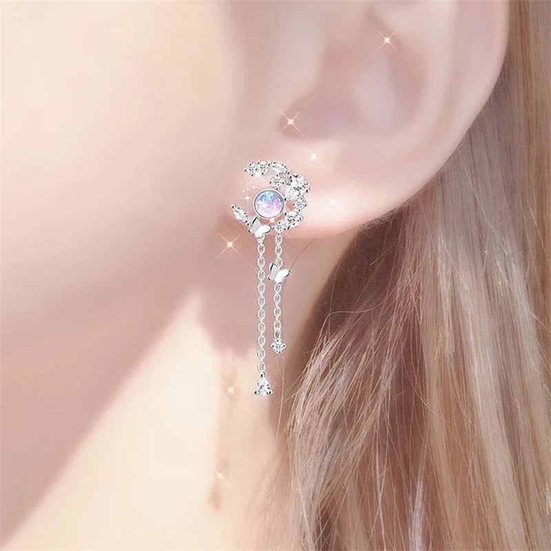 Delicate Zircon Moon Butterfly Tassel Stud Earrings For Women Korean New Exquisite Crystal Asymmetric Earring Girl Party Jewelry