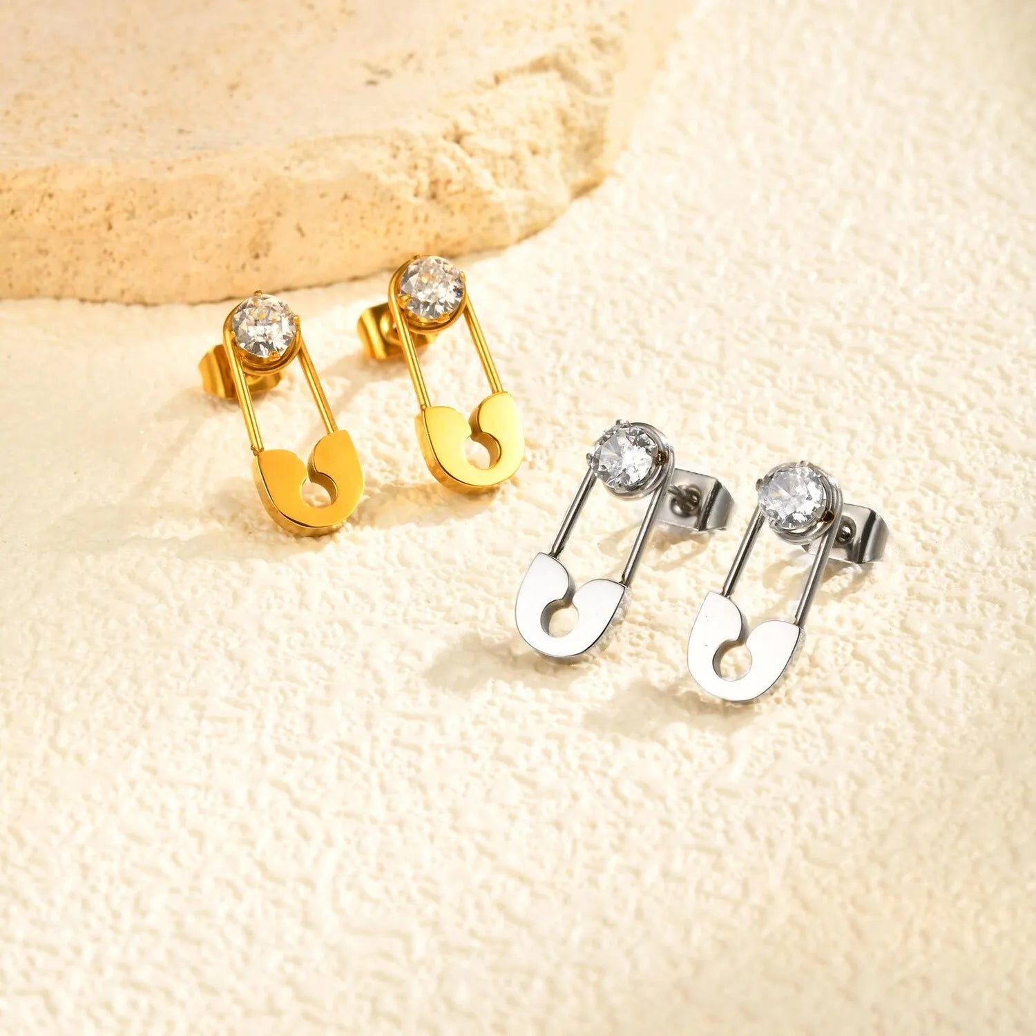 Minimalist Safety Pin Earrings, Gold Plated CZ Leverback Earrings for Women, Hypoallergenic Pierced Ear Jewelry