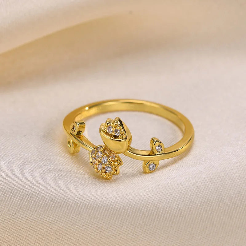 Women Girls Plating CZ Stone Bling Tulip Rings,Sparking Flower Shiny Finger Beads Ring,Resizable Size