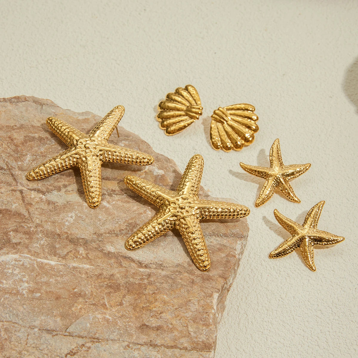 Uworld Ocean Vacation Style 18K Gold Color Plated Stainless Steel Waterproof Starfish Shell Ear Studs Pearl Conch Earrings Women