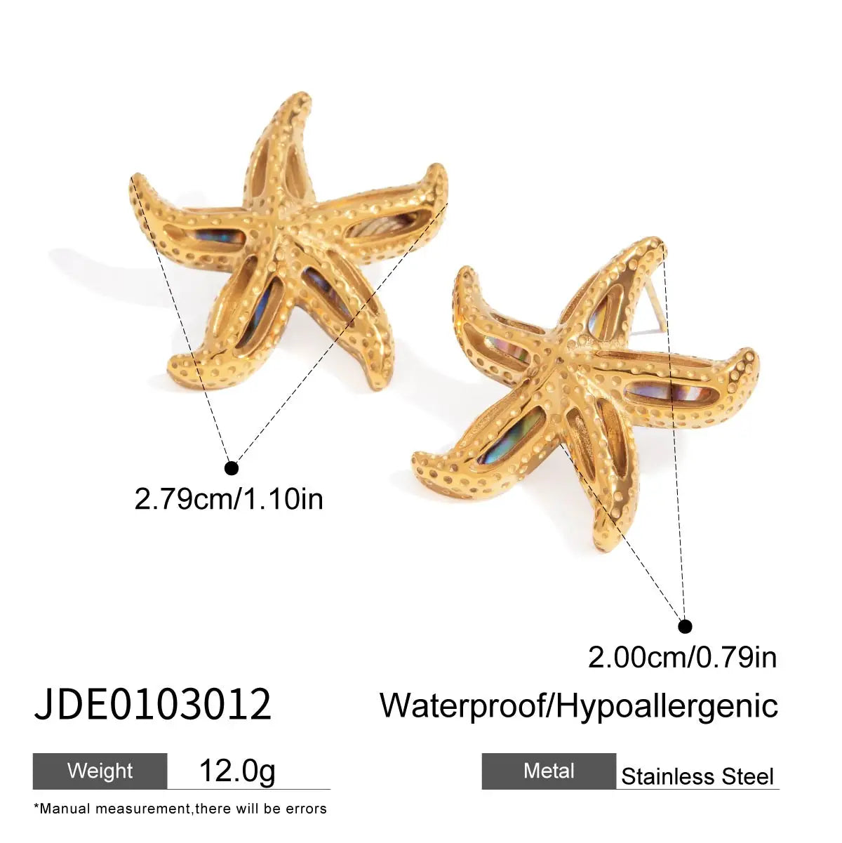 Uworld Ocean Vacation Style 18K Gold Color Plated Stainless Steel Waterproof Starfish Shell Ear Studs Pearl Conch Earrings Women