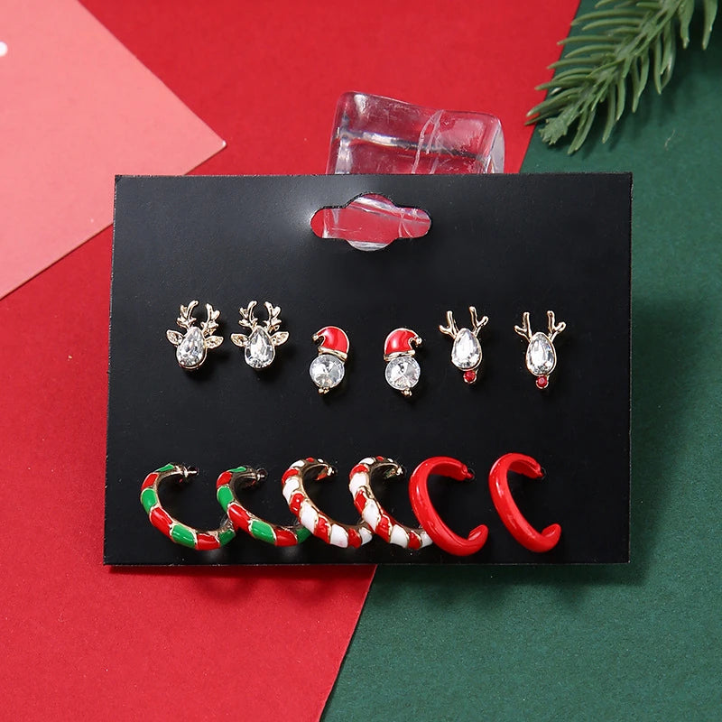 6/12 Pair Christmas Combination Earrings Set for Women Shiny Zircon Xmas Tree Snowflake Santa Claus Earring Girl Party Jewelry