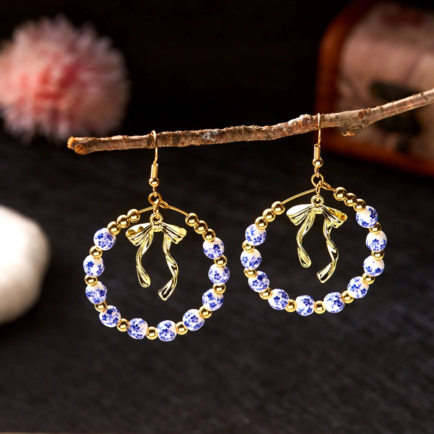 Chinese Style Blue and White Porcelain Pendant Earring For Women Vintage Ceramic Bead Pearls Long Earrings Party Jewelry Gift