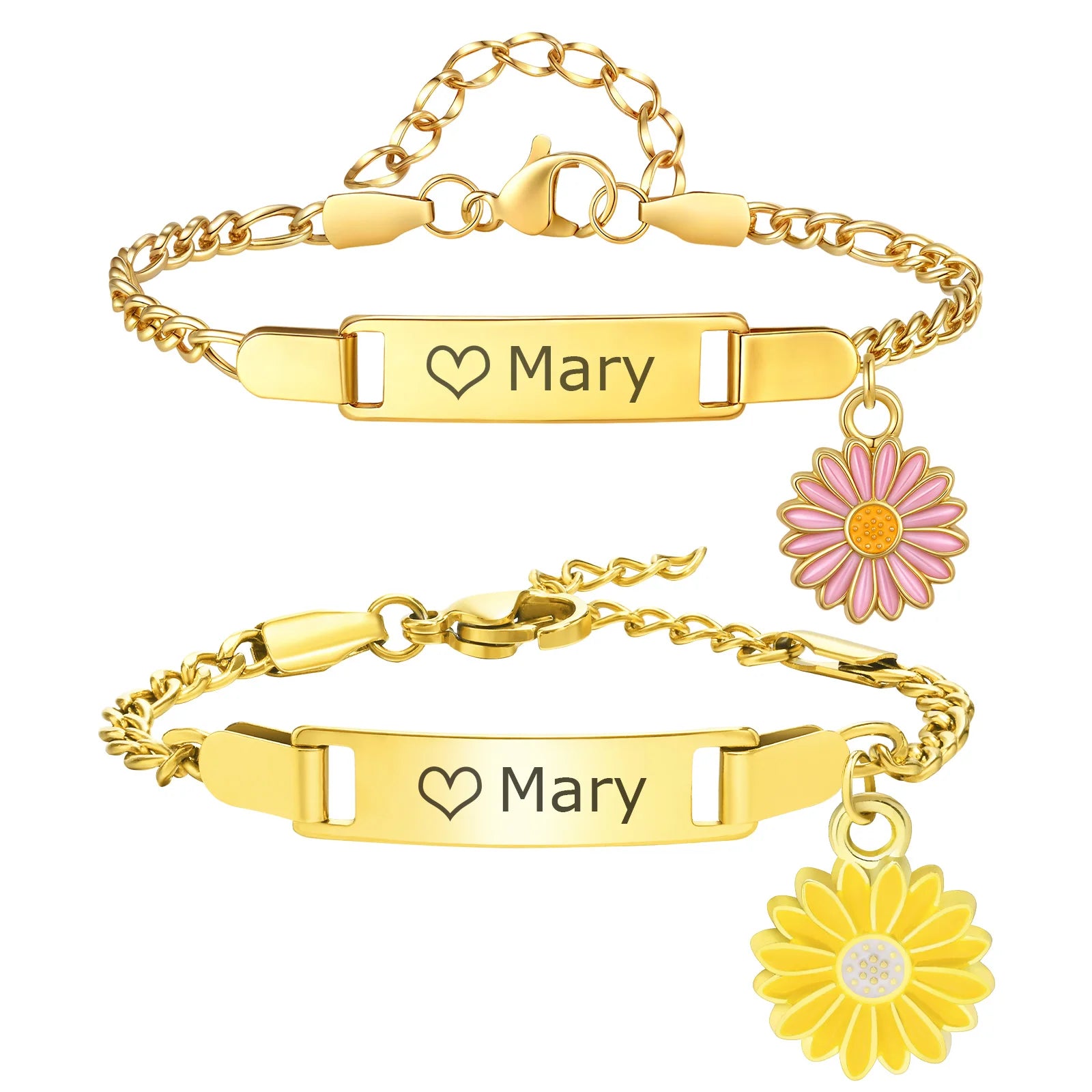 Free Custom Name Date Bracelet for Baby Girls,Daisy Drop Stainless Steel Chain Bracelets,Personalized Jewelry Gift