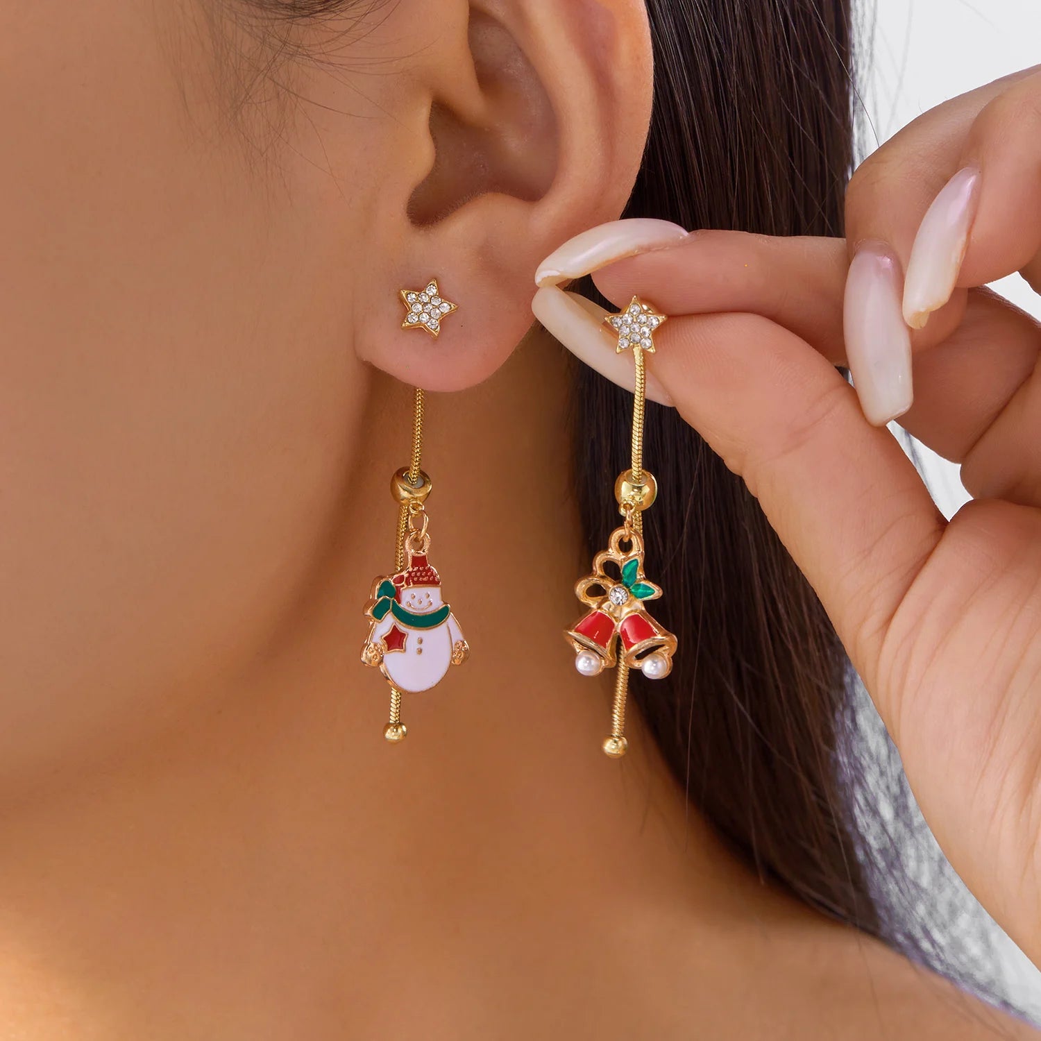 Fashion Christmas Asymmetrical Earrings for Women Zircon Snowflake Santa Claus Xmas Tree Snowman Tassel Earring Party Jewelry