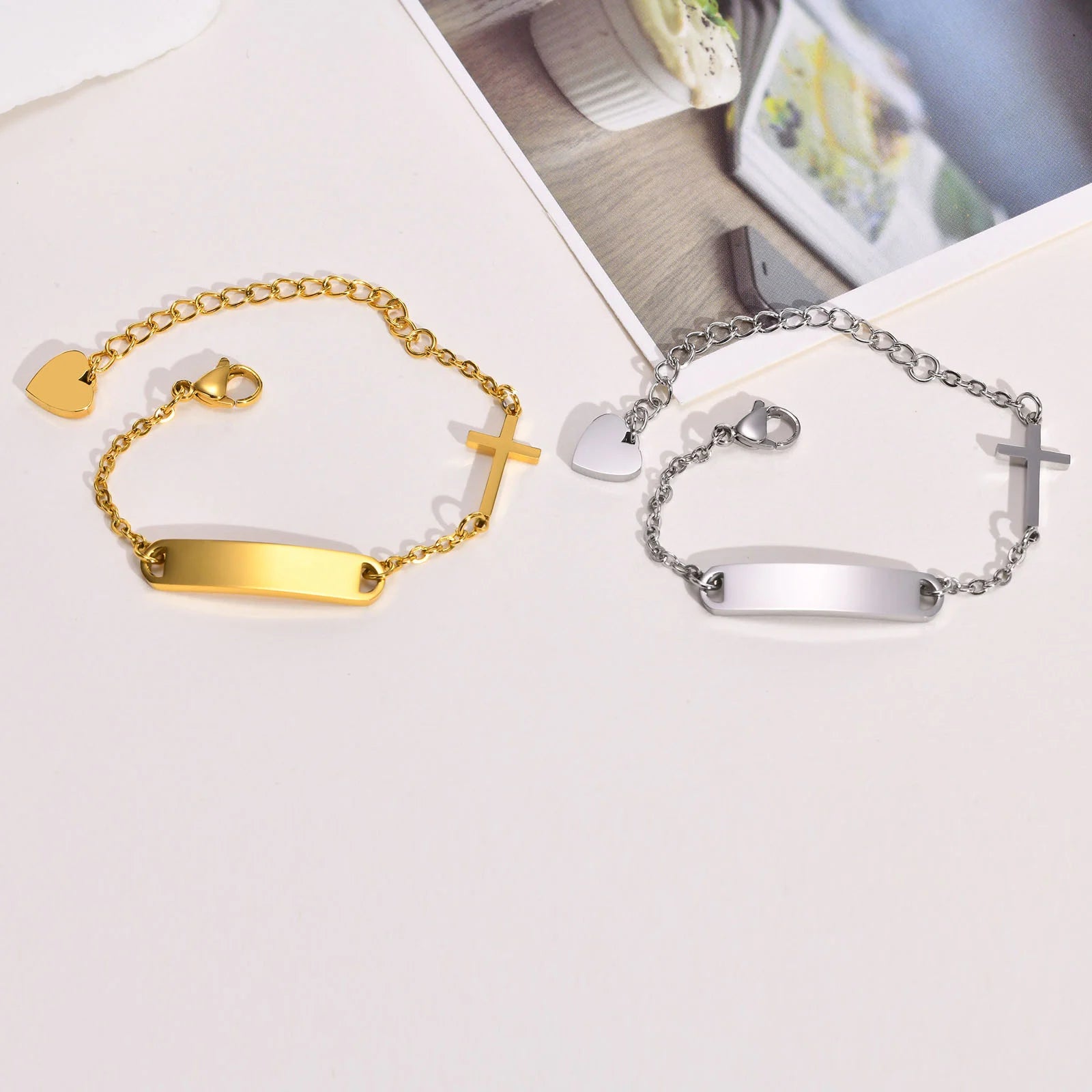 Personalized Stainless Steel ID Cross Bracelet for Girl Boy Gold Plated, Customized Nameplated Baptism Gift