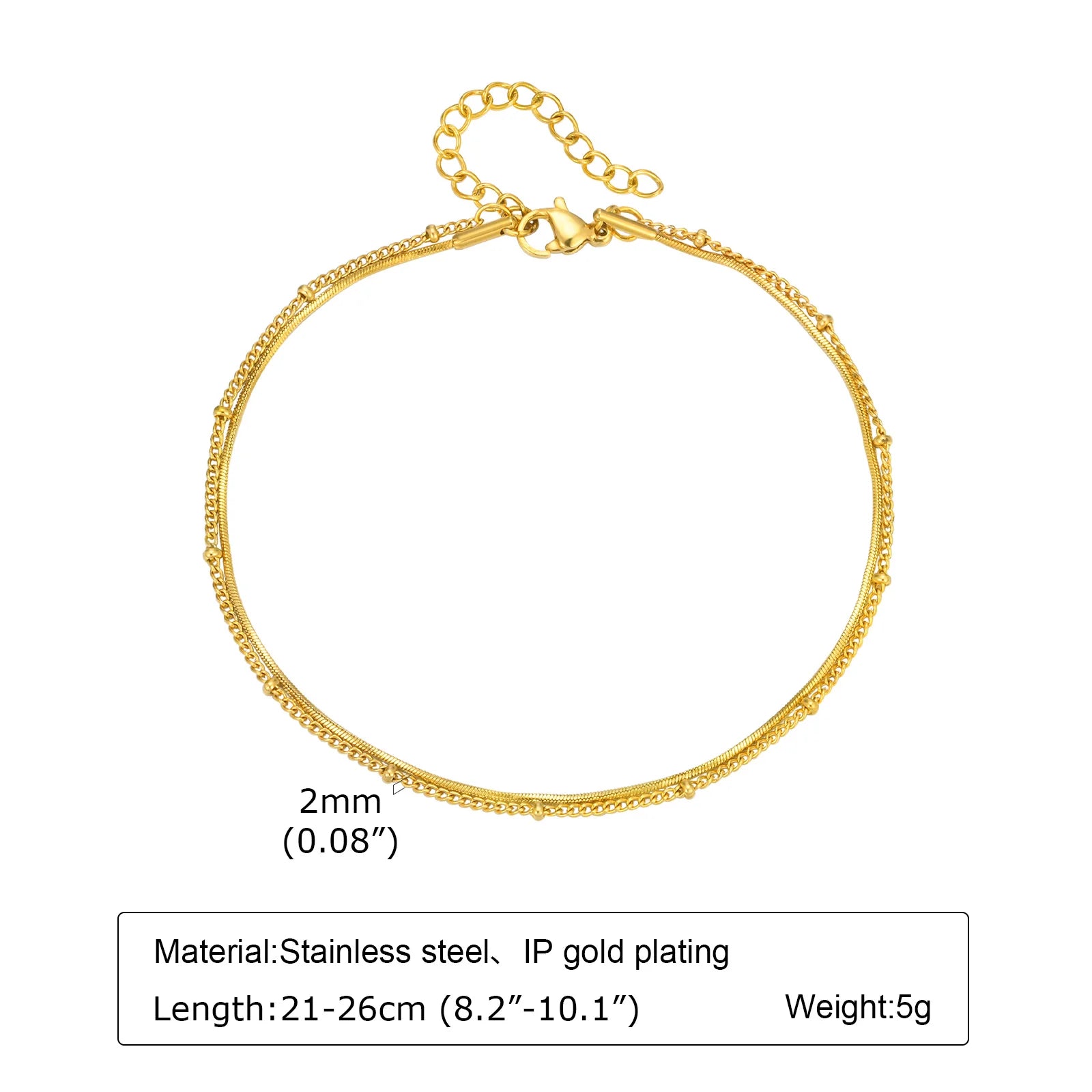 Women Anklet Summer Round Bead Chain Double Layered Square Snake Foot Chain,Simplicity Temperament Holidays Ankle Bracelet