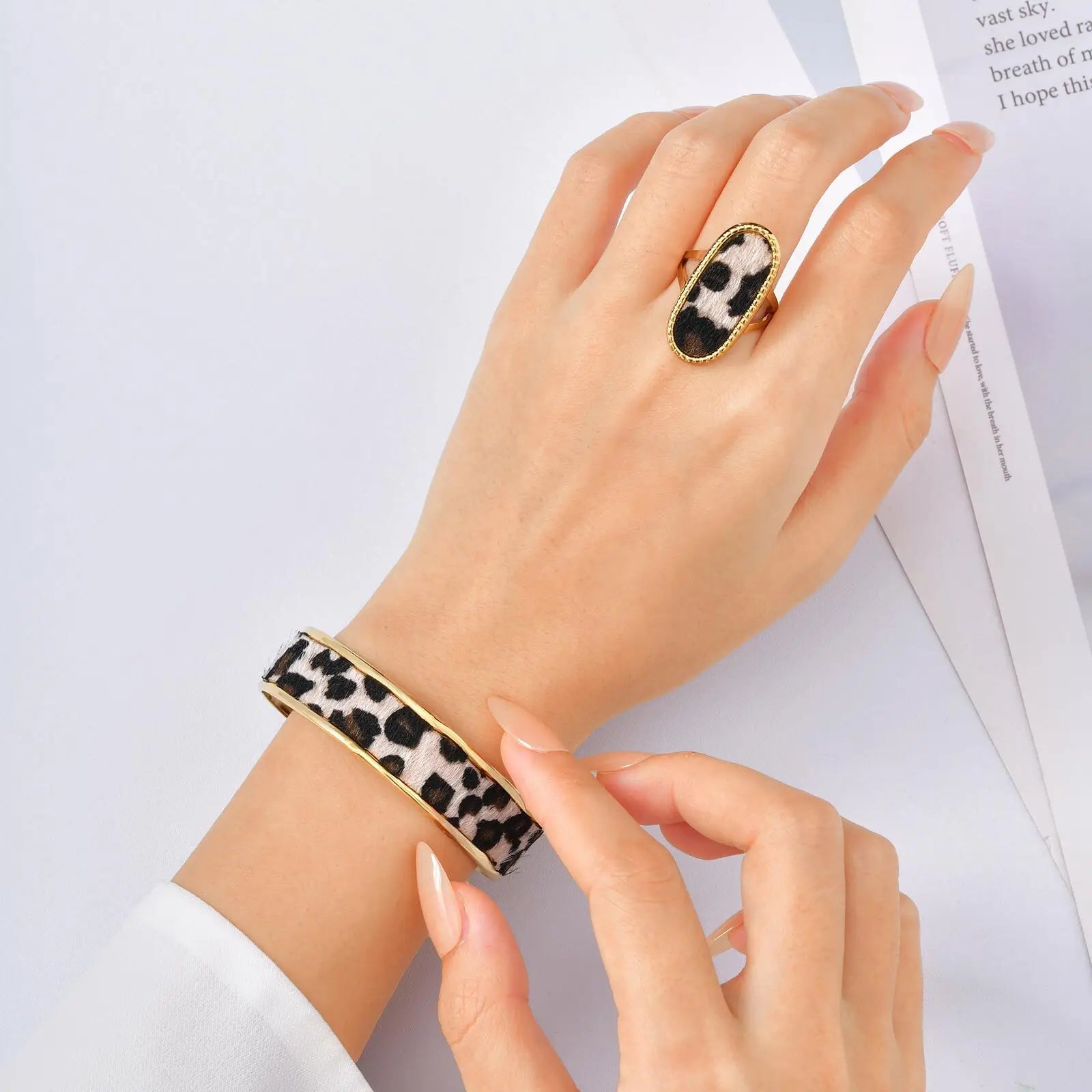 Stainless Steel Leopard Printed Open Cuff Bangle Bracelet for Women Statement Jewelry